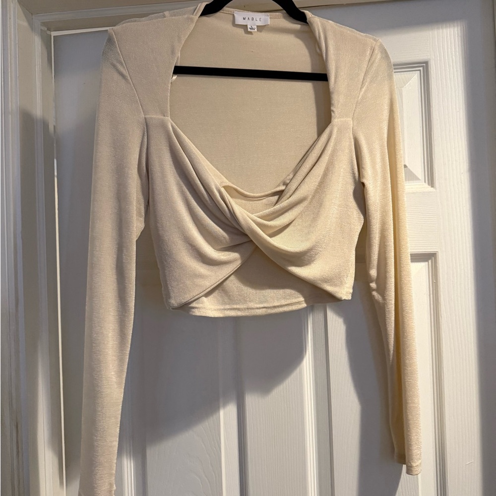 Cream Long Sleeve Twist Front Top